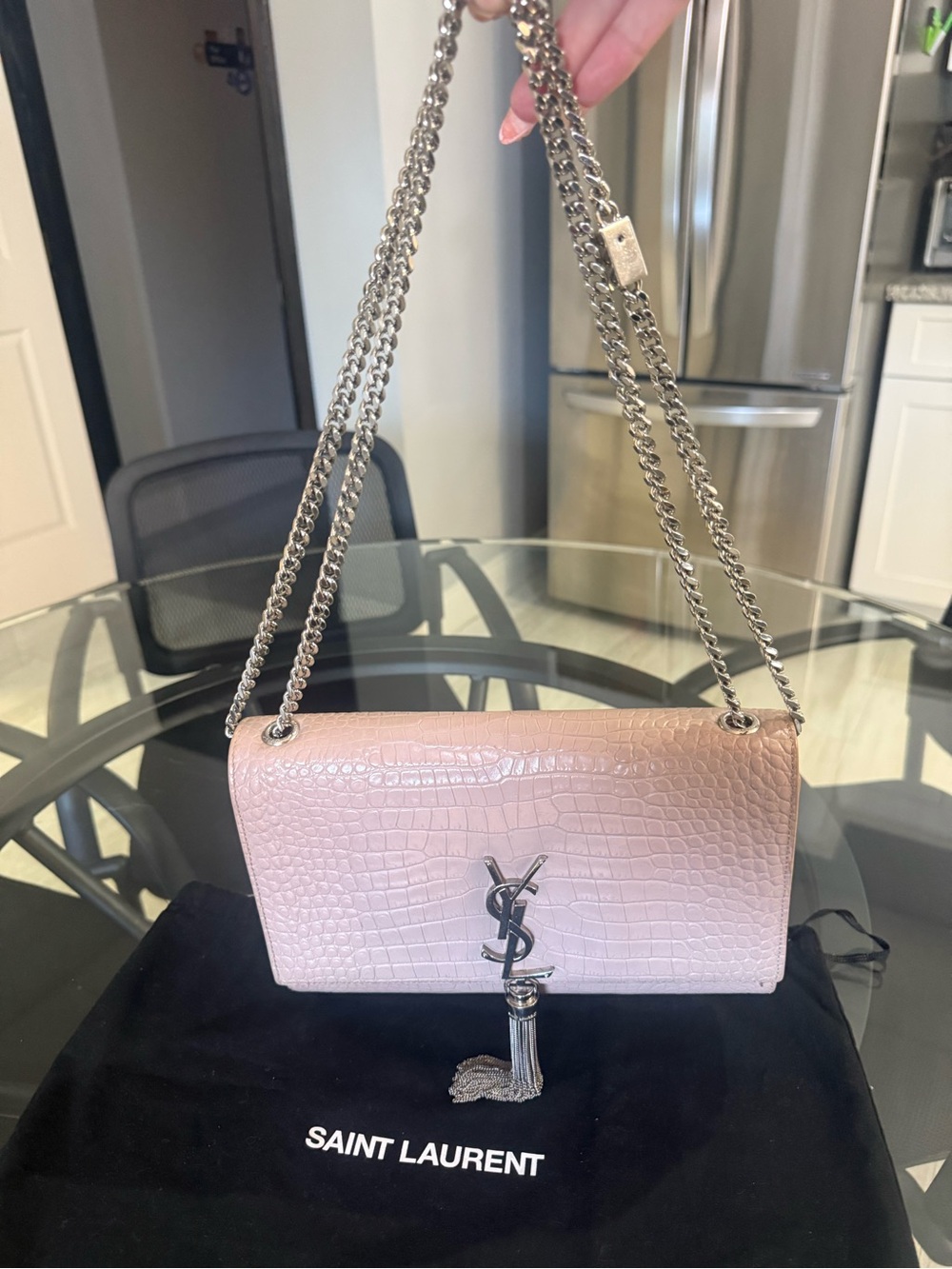 Yves Saint Laurent YSL Medium Kate Croc-Embossed Tassel Chain Shoulder Bag Blush